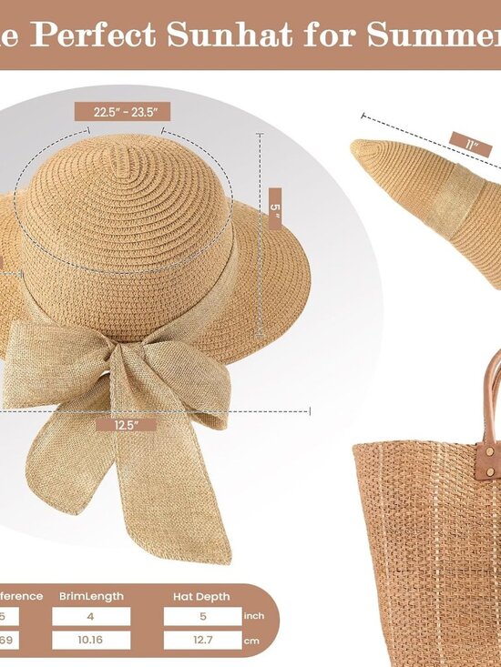 Women\'s Sun Hats Straw Beach Hat UV Sun Protection Foldable Bowknot Khaki main image 4